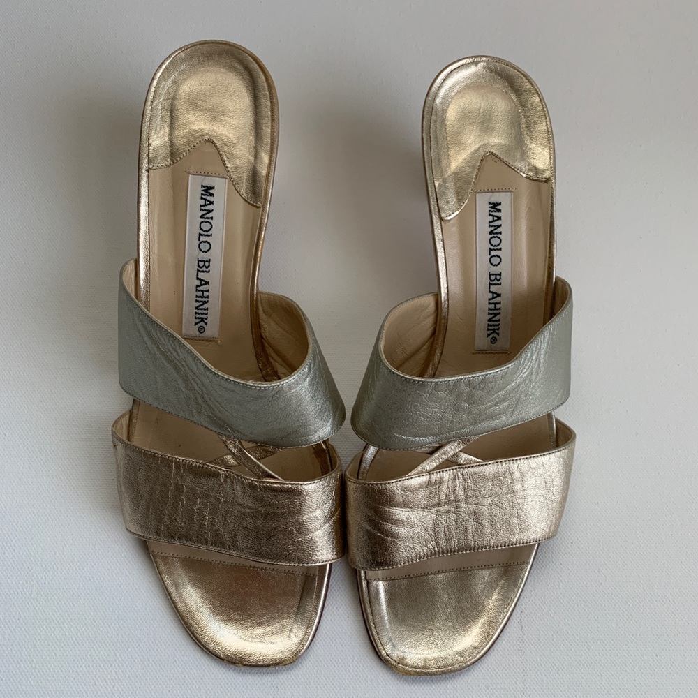 Manolo Blahnik Metallic Gold & Silver Leather Open Sandals/ Slides Size 39